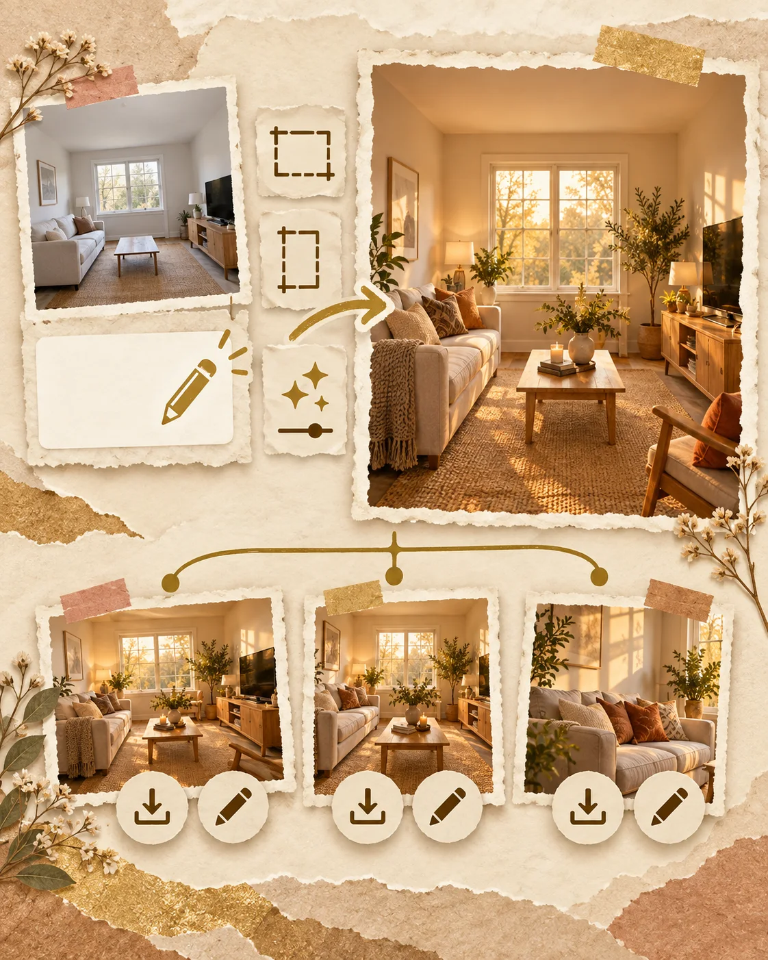 A reference room photo and idea lead through format and quality choices to an enhanced image of the same room, ready to download or edit