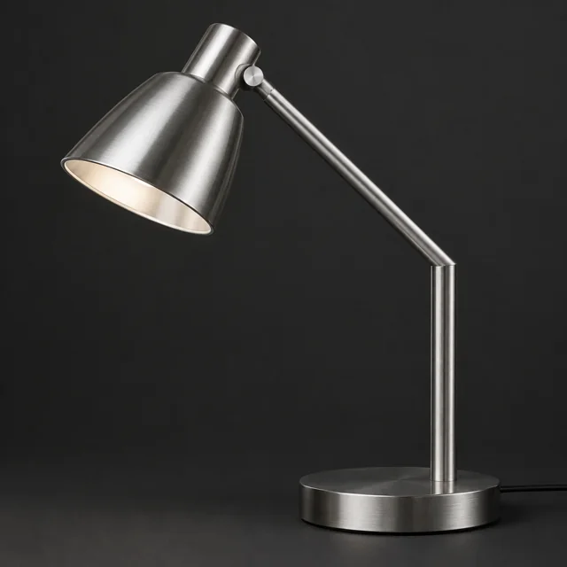 Metal desk lamp showing surface texture, clean edges and soft reflections