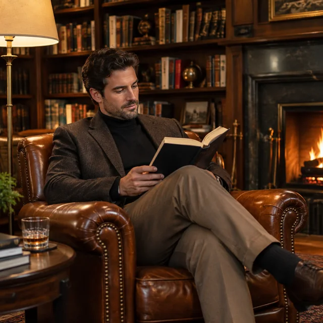 Stylish Man in Cozy Evening Library — ImgKick output · Low