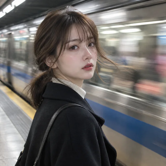 Cinematic Portrait on a Subway Platform — ImgKick output · Low