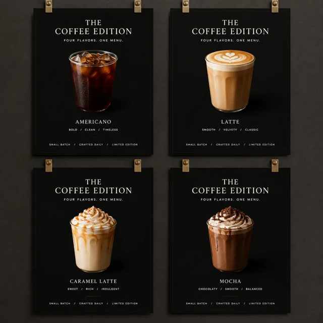 Grid of Identical Coffee Menu Posters — ImgKick output · Low