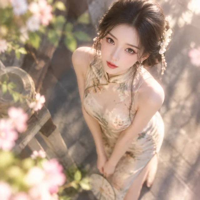 High-Angle Portrait in Qipao — ImgKick output · Low