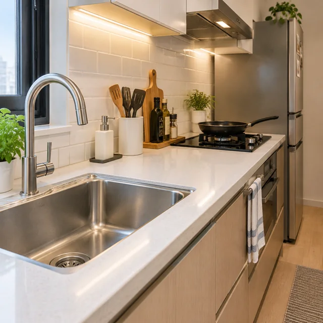 Compact Modern Apartment Kitchen Counter Scene — ImgKick output · Low