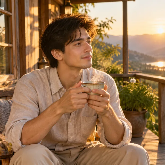 Golden Hour Portrait on Rustic Porch — ImgKick output · Low