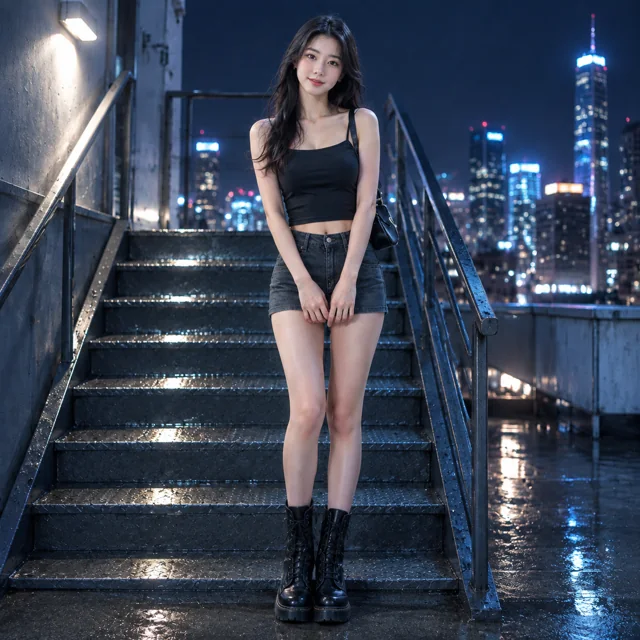 Night Rooftop Stairs Editorial Fashion Shot — ImgKick output · Low