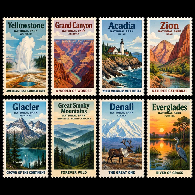 Vintage US National Parks Postage Stamps Set