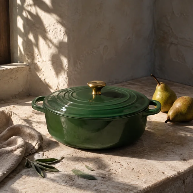 Sunlit green ceramic pot with visible enamel, linen and stone textures