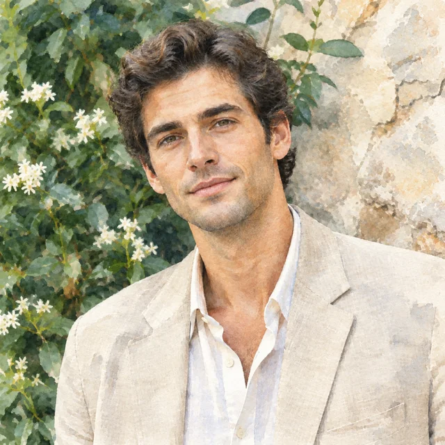 The same man and pose rendered in watercolor