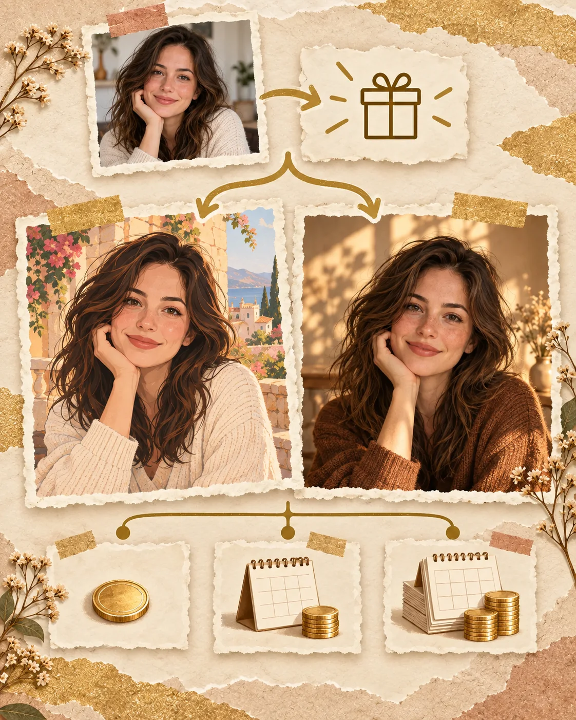 Illustration of a free starting image, two reference-based portrait variations, and one-time, monthly, and yearly credit choices